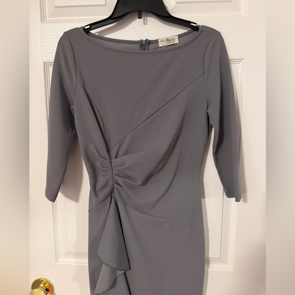 Alpine Slate Gray Ruched Midi Dress with Cascade Ruffle - Picture 2 of 4